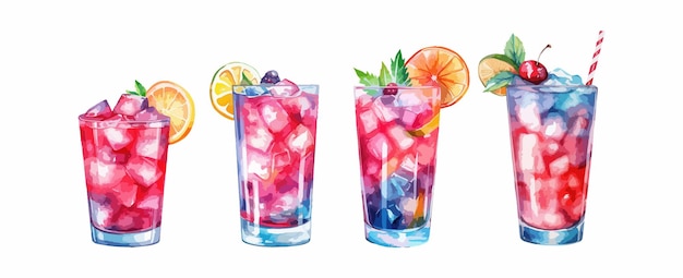 Set cocktail vruchtensap drinken aquarel geïsoleerd op witte achtergrond vectorillustratie