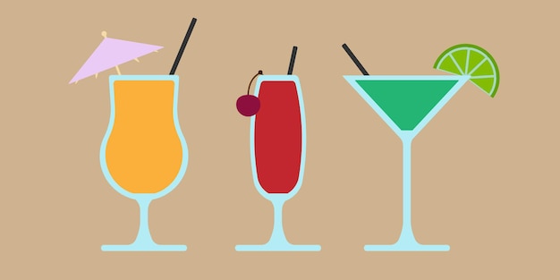 Set of cocktails in different types of glasses