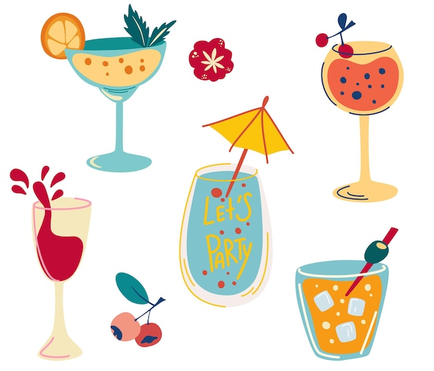 Vector set of cocktails. hand draw alcoholic beverages, refreshing cocktails with ice cubes, berries