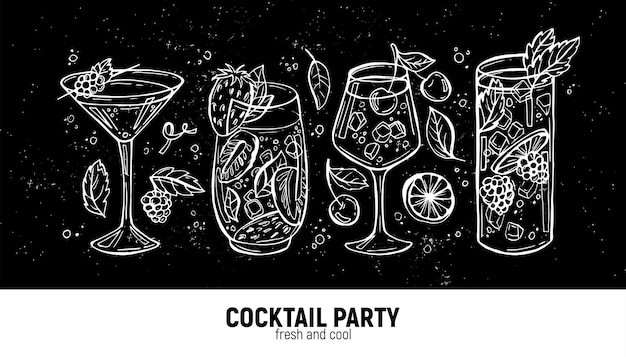 Set di cocktail disegnati a mano a matita con frutti di bosco e fette di limone per menu e pubblicità