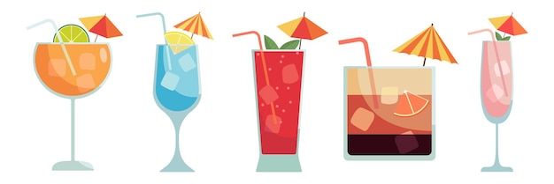 Set of cocktails Summer illustration of classical drinks in different types of glasses Vector illustration of summer cocktails Banner with soft and alcohol drinks