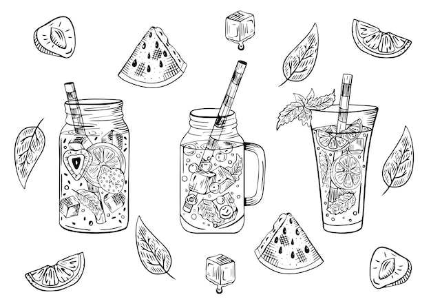 Vector set of cocktails with fruits