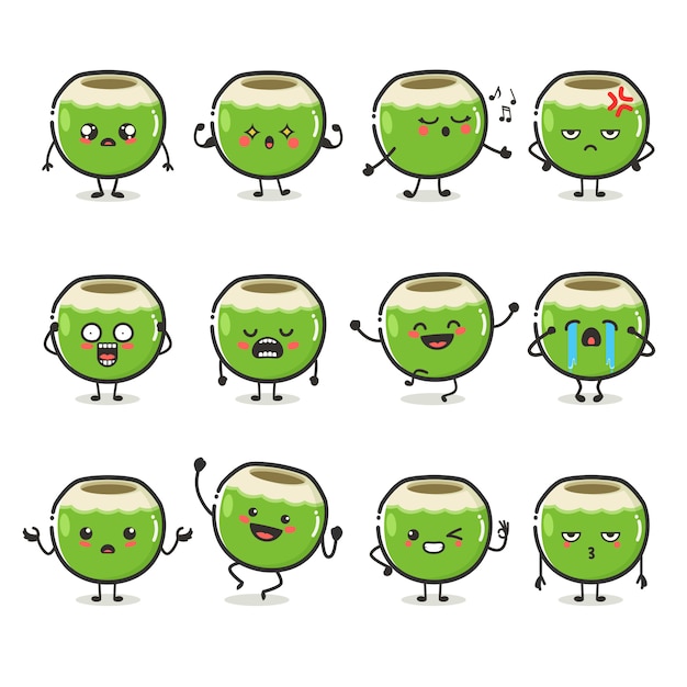 Set of coconut character in different action emotion