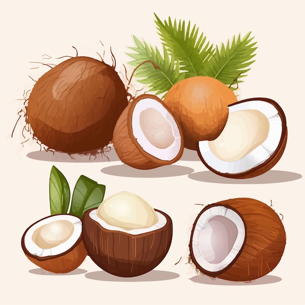 A set of coconut illustrations with a realistic texture