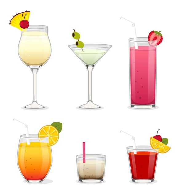 Vector set of coctails with alcohol and fruits