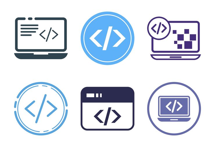 Vector set of coding icons depicting programming and development concepts with a computer theme