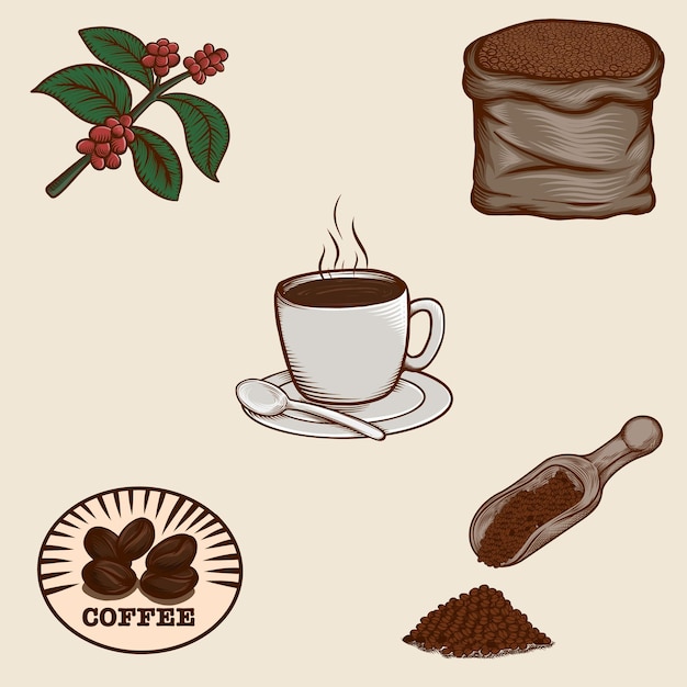 Vector set of coffee beans in canvas bag, branches, a cup in vintage hand drawn vector illustration.