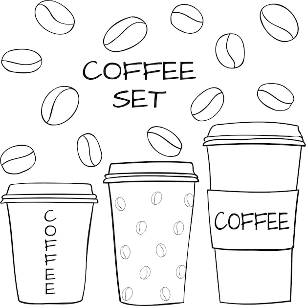 Set coffee beans paper cups Doodle sketch style Vector