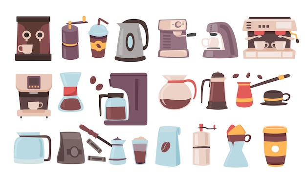 Vector set of coffee brewing methods element collections collection of coffee tools and utensils