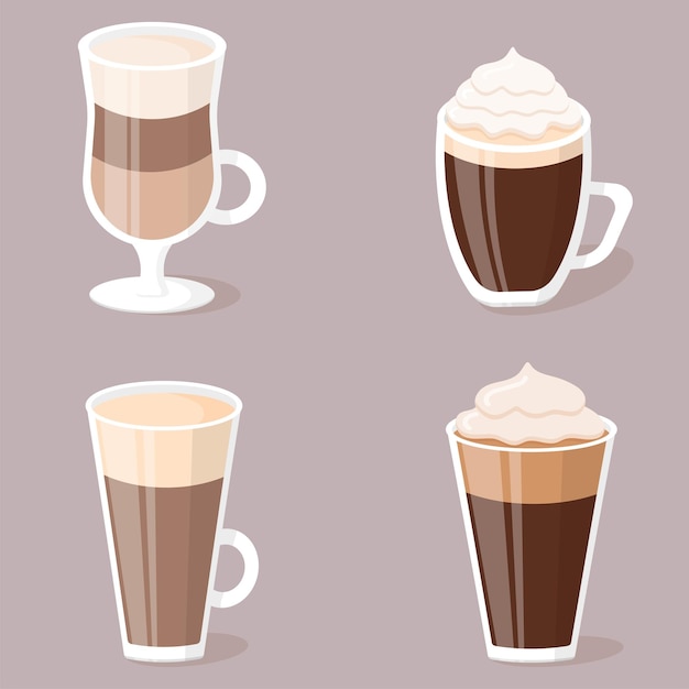 Set di tazze da caffè cappuccino latte glace frappe mocha drink disegno vettoriale illustrazione