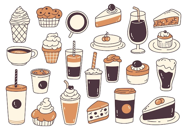 Insieme dell'icona di doodle cibo caffè e dessert
