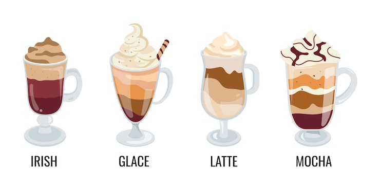 Vector ガラスのマグカップに入ったコーヒードリンクのセット。