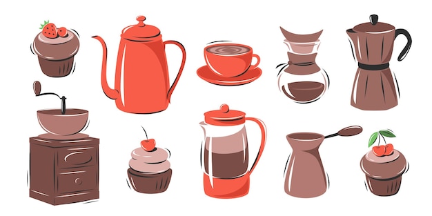 コーヒー要素のセット。コーヒー メーカー、フレンチ プレス、ポット、コーヒー メーカー、コーヒー グラインダー、カップ、ケーキ。