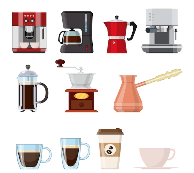 Vettore insieme degli elementi del caffè isolati su priorità bassa bianca. french press, caffettiere, tazzina, pentola, macinacaffè e confezionamento. per web, poster, menu, bar e ristorante. illustrazione vettoriale in stile piatto.