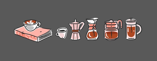 Vector set of coffee elements kettle mug and cups trending vector doodle illustrations for coffee shop and