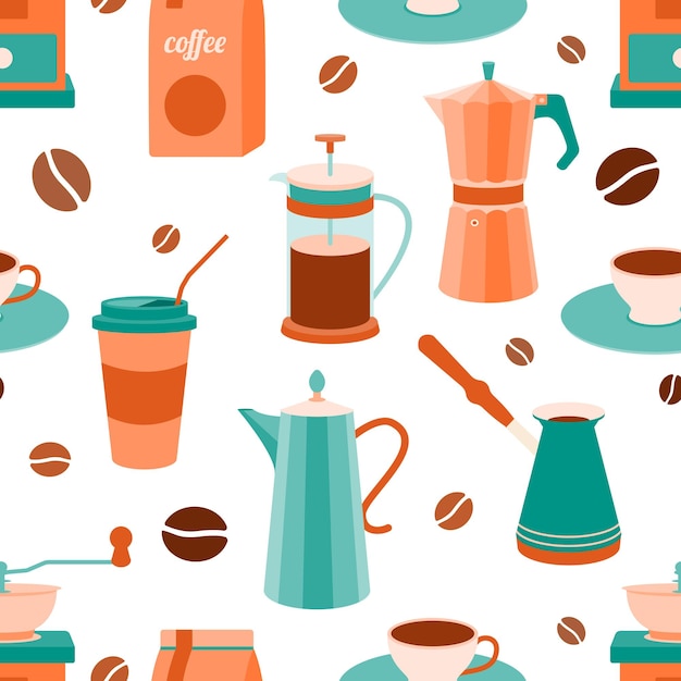 Set of coffee grinder geyser coffee maker coffee pot French press coffee beans cups seamless pattern