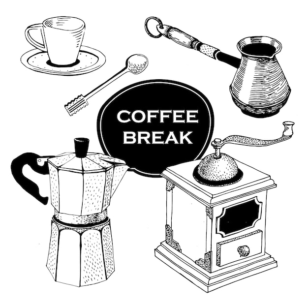 Set of coffee items. hand drawn vintage vector illustration.