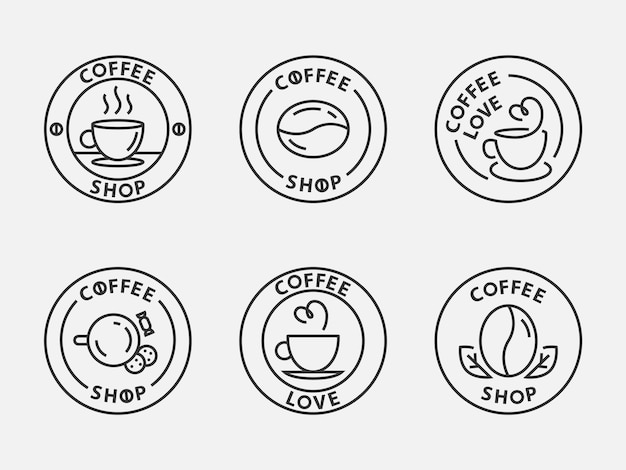 커피숍 또는 카페 에스프레소 또는 카푸치노 벡터 기호를 위한 커피 로고 디자인 세트 크리에이티브 로고타입 트렌디한 라인 아이콘 콩 기호