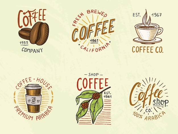 Набор кофейных логотипов современные винтажные элементы для меню магазина Коллекция векторных иллюстраций дизайн украшения для значков стиль каллиграфии для рамок этикетки выгравированы вручную на старом эскизе