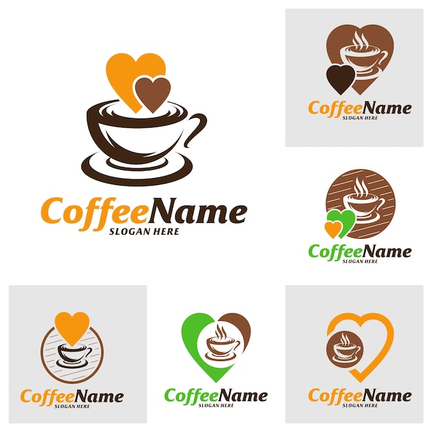 Set di modello di progettazione del logo dell'amore del caffè simbolo dell'icona creativa del vettore del concetto del logo del caffè