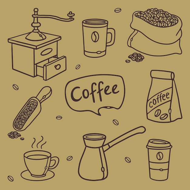 Vector set of coffee outline doodle utensils equipment and tools for brewing coffee premium vector