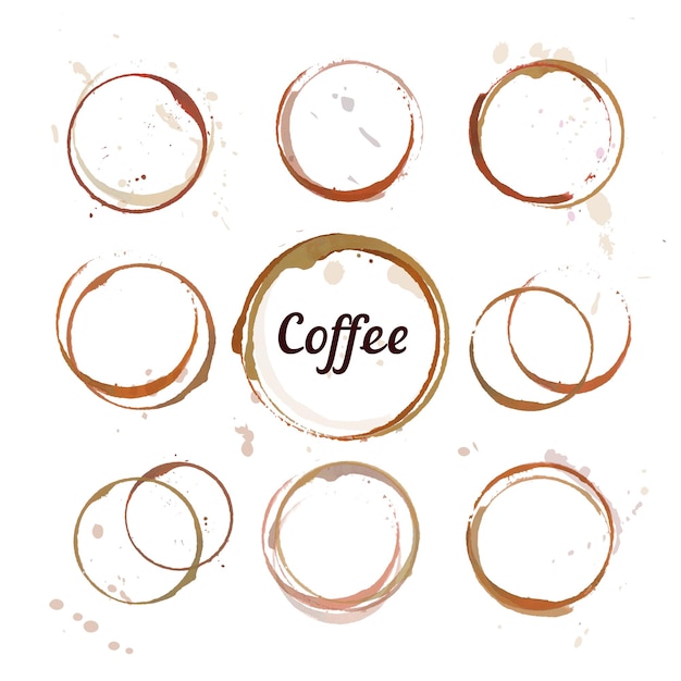 set of coffee stain circles, splashes and spot isolated.