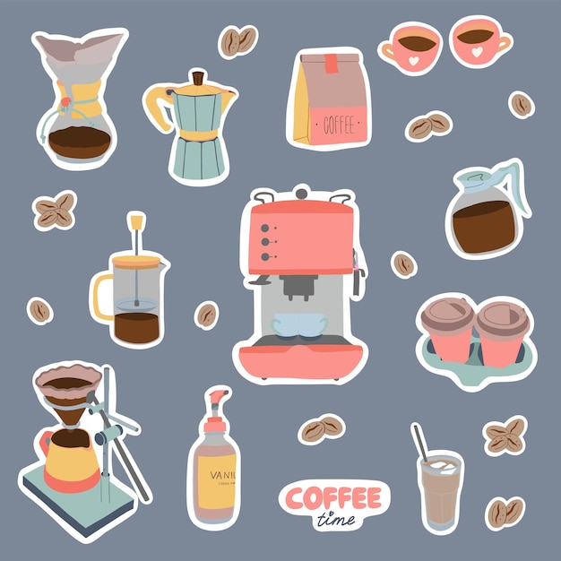 Set of coffee stickers. Coffee machine, pot, press, beans, cups