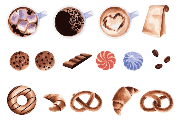 A set of coffee sweets and pastries in a watercolor style Great for bakery and coffee shop decorat