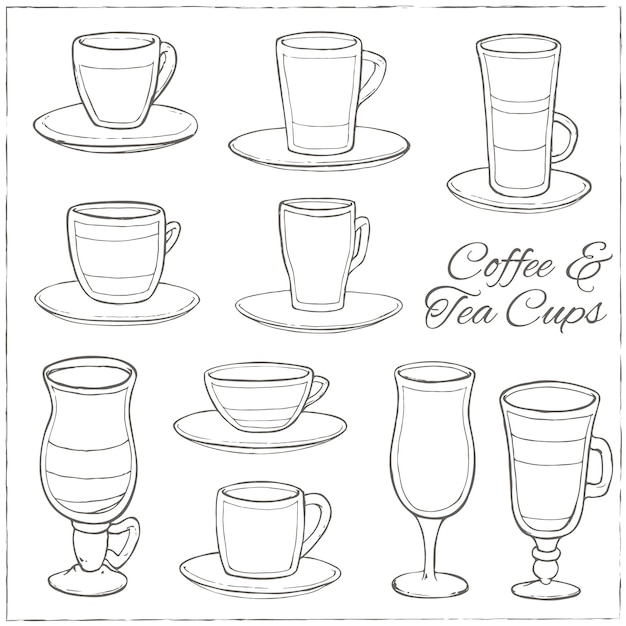 Vector set of coffee and tea cups. decorative icons set.