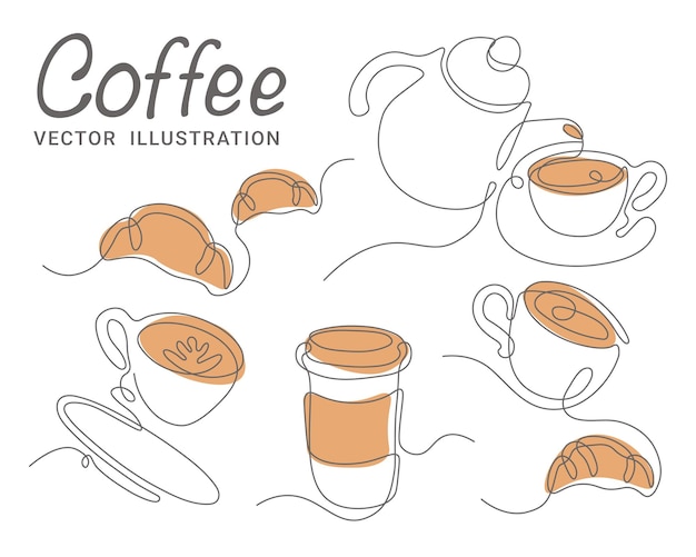 Set of coffee vector drawings coffee theme one line drawing