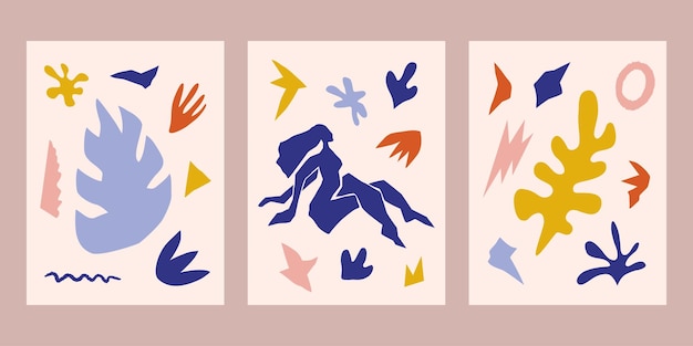 set of collage postes for design trendy minimal flat memphis matiss style elements abstract shapes hand drawn vector illustration isolated on background