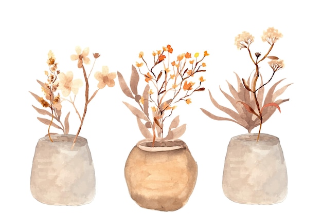 Set collectie herfst bloem in scandinavische vaas aquarel hand getekende illustrator