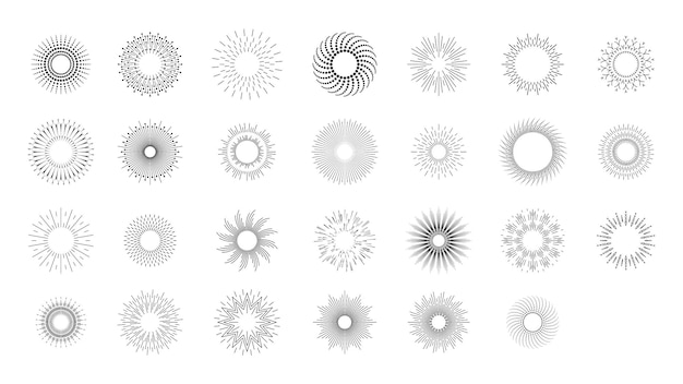 Set Collectie Ronde Cirkels Starburst Sunburst Zonsondergang Zwarte Lijn Doodle Barstende Stralen Zonsopgang Glans