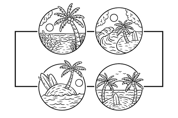 Set collection beach good vibes sunset coconut tree расслабляющая волна серфинг значки иллюстрация