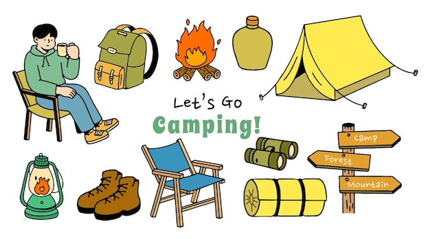 Vettore impostare la raccolta di articoli e personaggi da campeggio elemento isolato camping adventure natura clipart