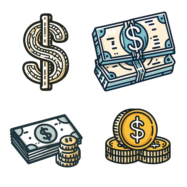 Set collection cartoon money dollar vector