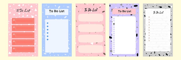 Set collection of colorful blank to do list template for social media story with terrazzo pattern