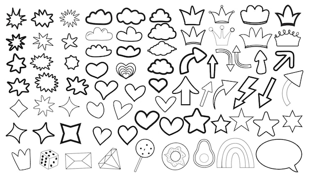 set Collection of colorful doodles bright stickers vector fruits branches arrow