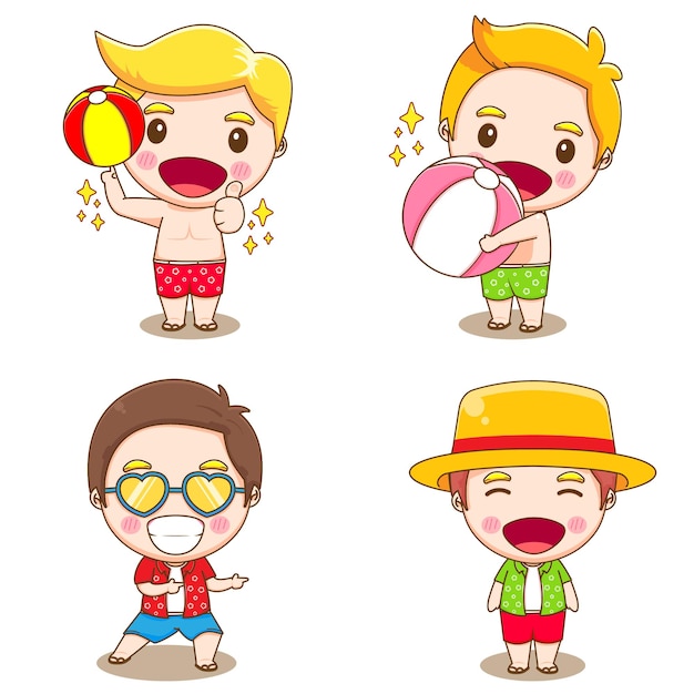 Set collection of cute boy doing summer activities