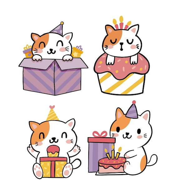 Set Collection Cute Cartoon Birthday Cat Character Illustration vector