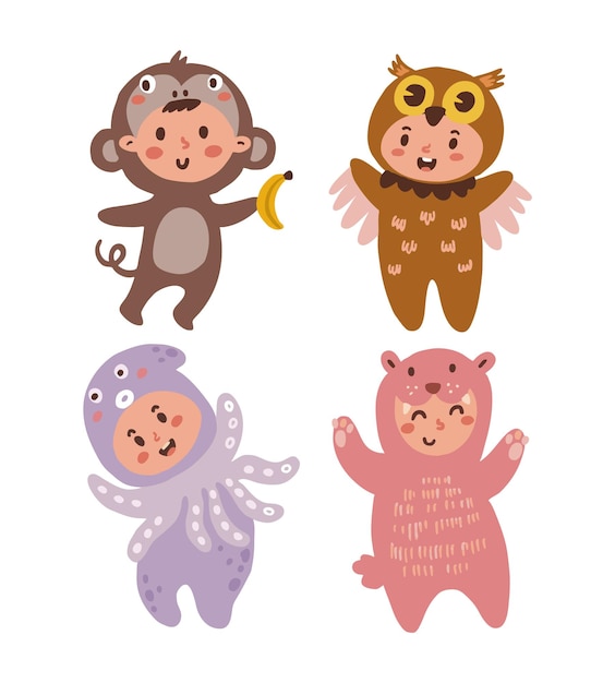 Set Collection Cute Cartoon Kids animal costume Illustration vector