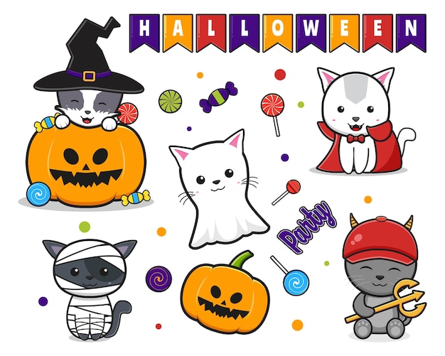 かわいい猫のお祝いハロウィーン落書き漫画クリップアートアイコンイラストのコレクションを設定します。