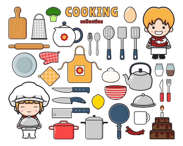 Set collezione di chef carino con oggetto clip art doodle fumetto icona illustrazione piatto stile cartone animato