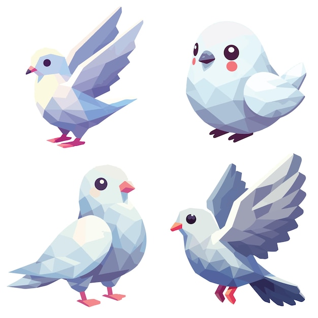 Vector set collection cute chibi dove pigeon bird vector low poly