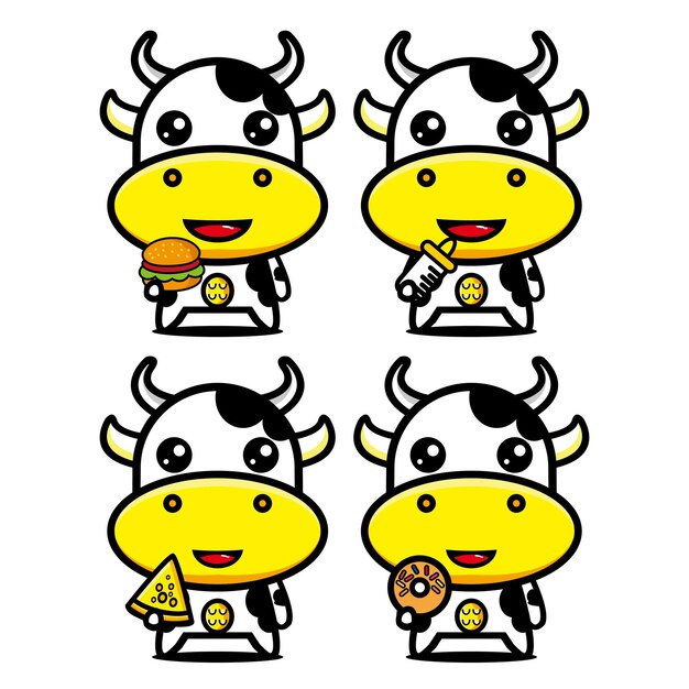 Set collection of cute cow mascot design character isolated on a white background