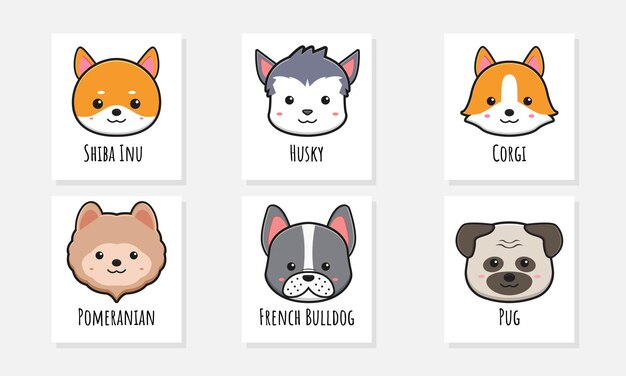 Set collection of cute dog poster card doodle cartoon icon illustration design flat cartoon style