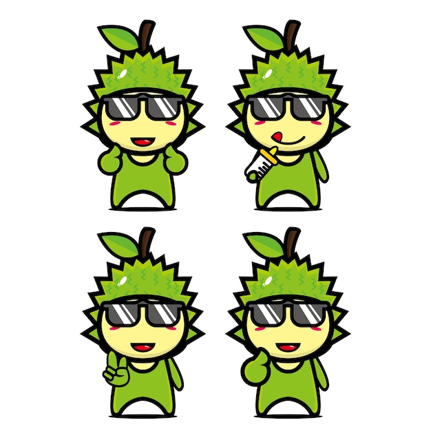 Set collection of cute durian mascot design character Isolated on a white background