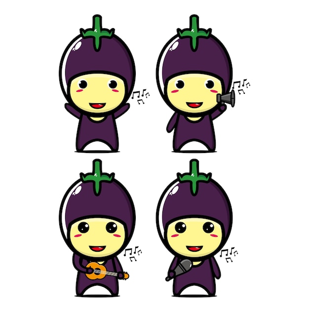 Set collection of cute eggplant mascot design character Isolated on a white background