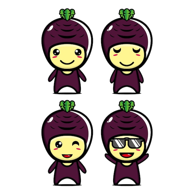 Vector set collection of cute eggplant mascot design character isolated on a white background