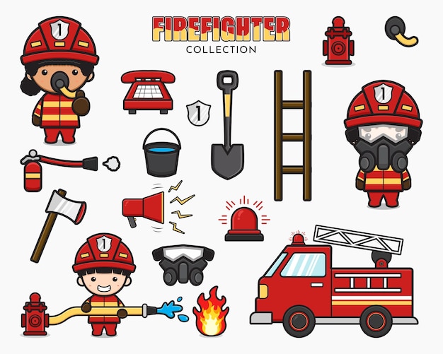 Set collection of cute firefighter and equipment cartoon icon clipart illustration. Design isolated flat cartoon style